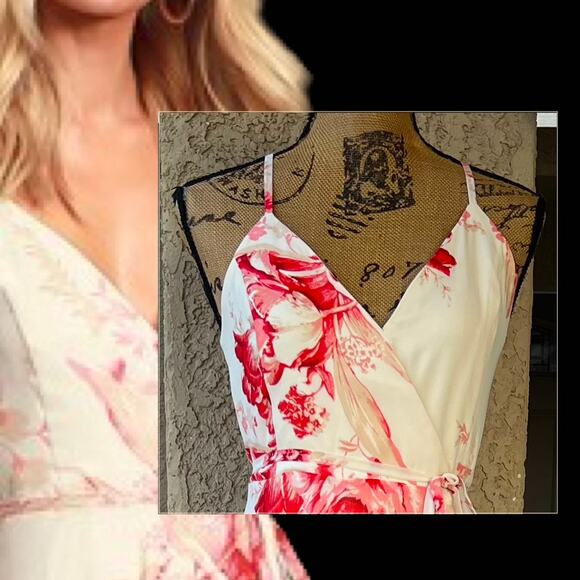 Lulus Cream and Coral Floral Wrap Elegantly Inclined  Maxi Dress Size: S - Picture 3 of 15